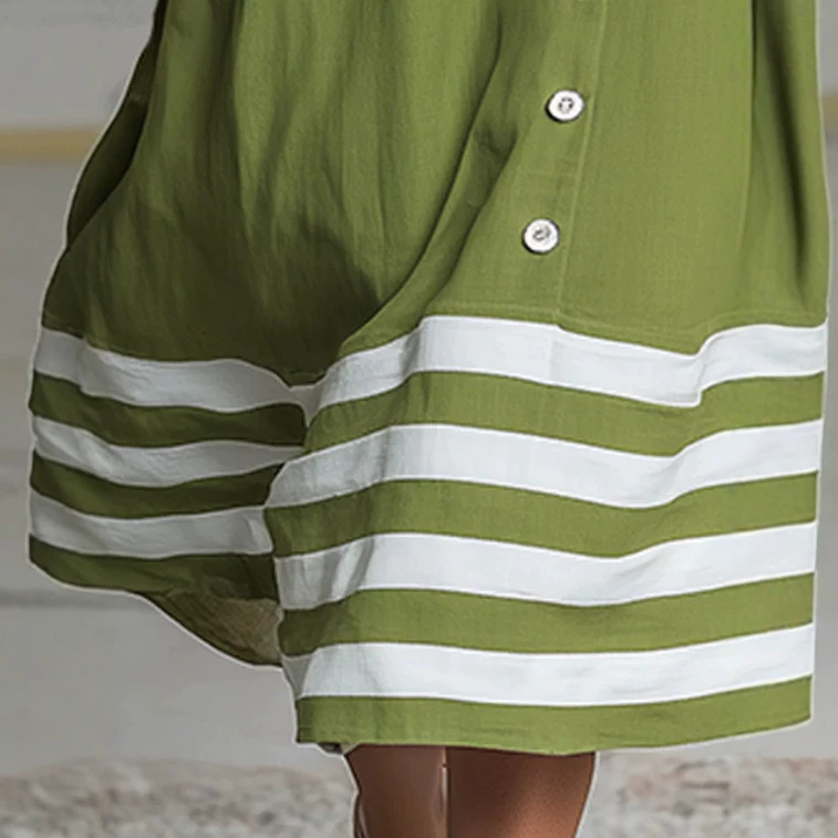 Retro Color-Block Striped Green Crewneck Short-Sleeve Midi Dress