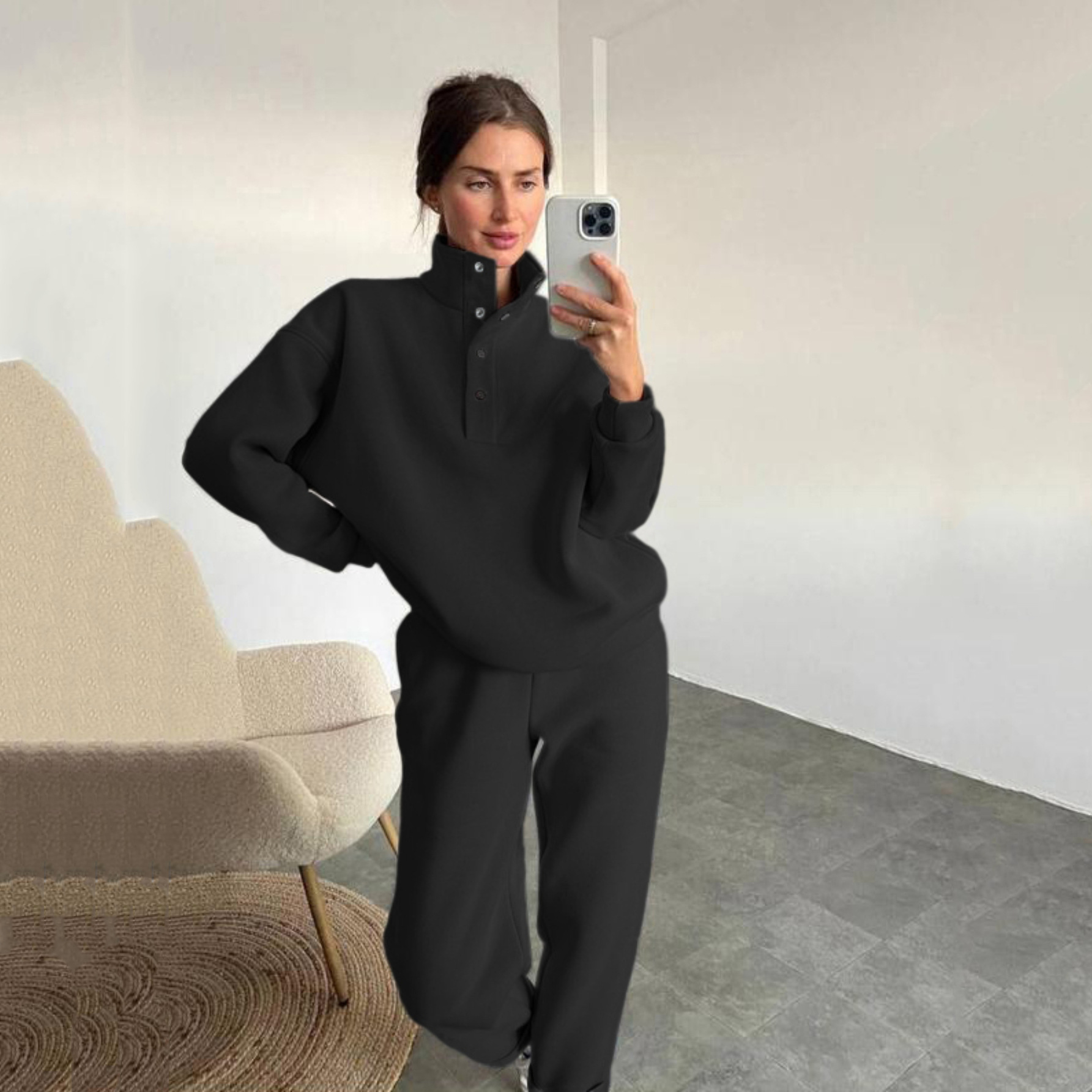 Women's Button Stand Collar Two-Piece Pants Set