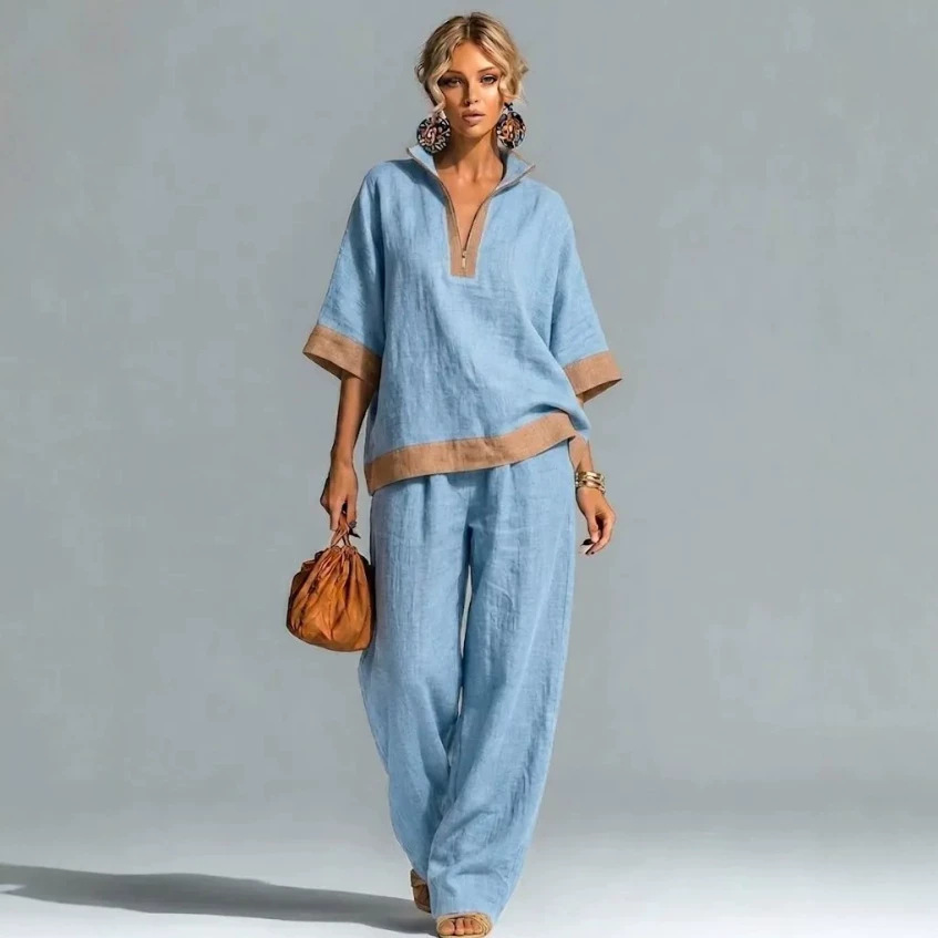 Women's Color-Block Half-Zip Cotton-Linen Shirt & Pants Set
