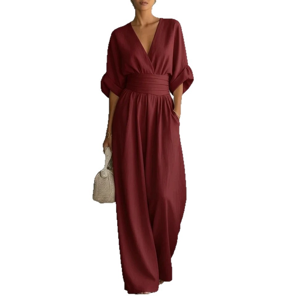 Elegant V-Neck Cinched-Waist Wide-Leg Jumpsuit