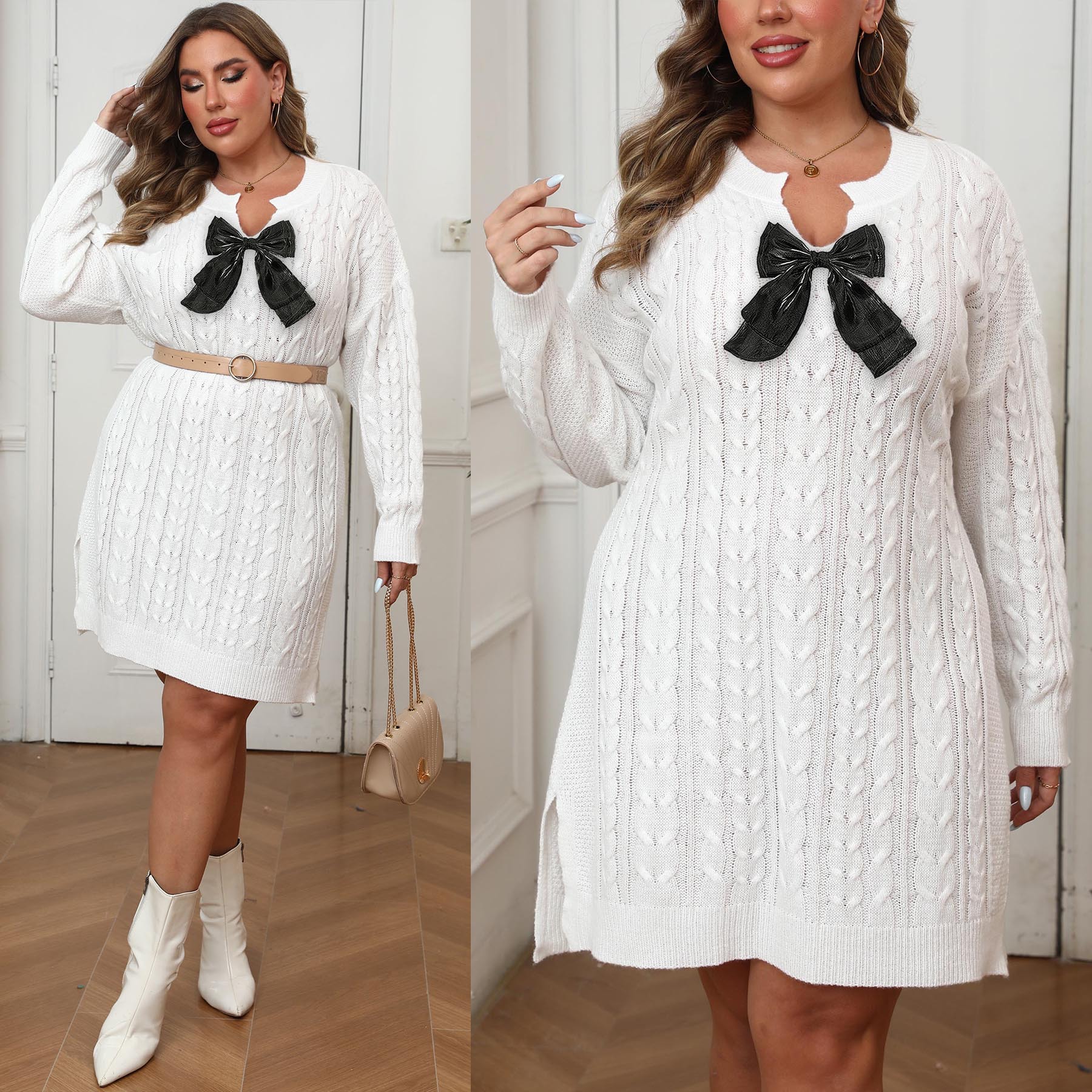 Plus Size V-Neck Cable Knit Sweater Dress Solid Color Bow