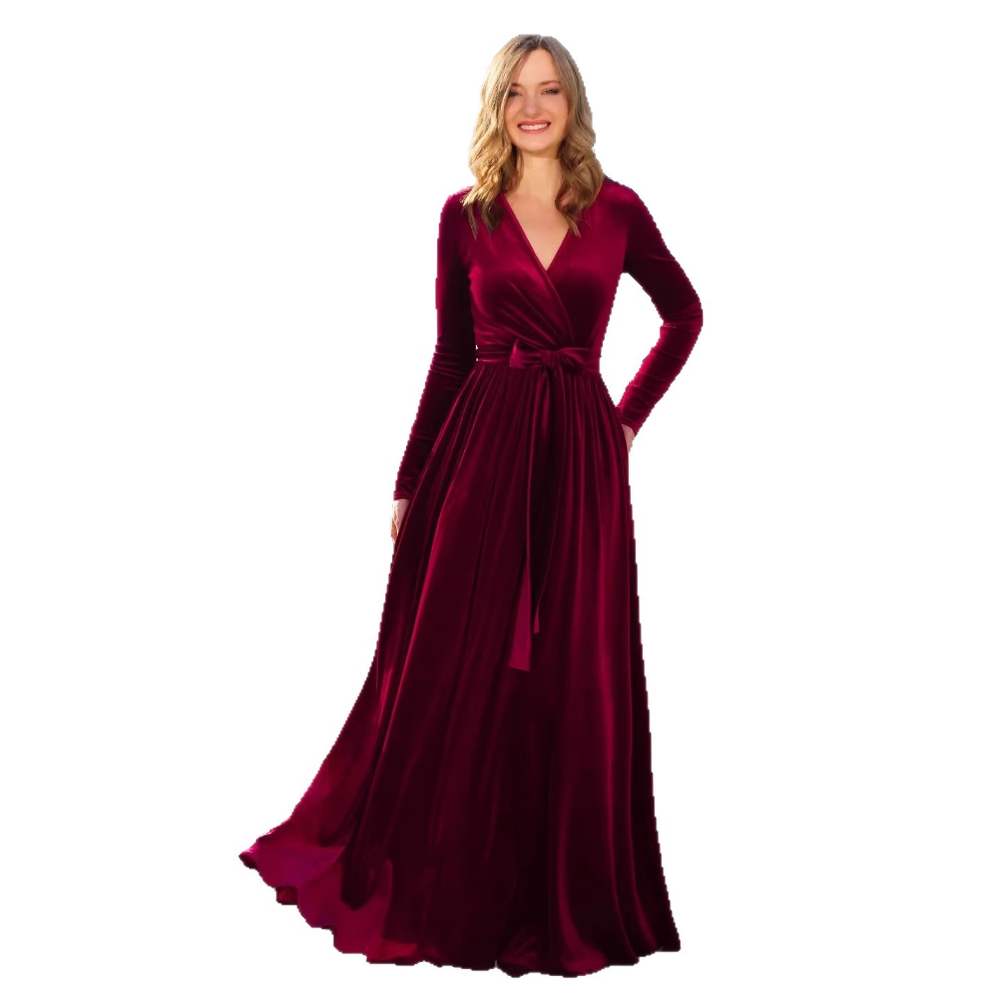 Women's Korean Velvet Long V-Neck Bridesmaid Dress