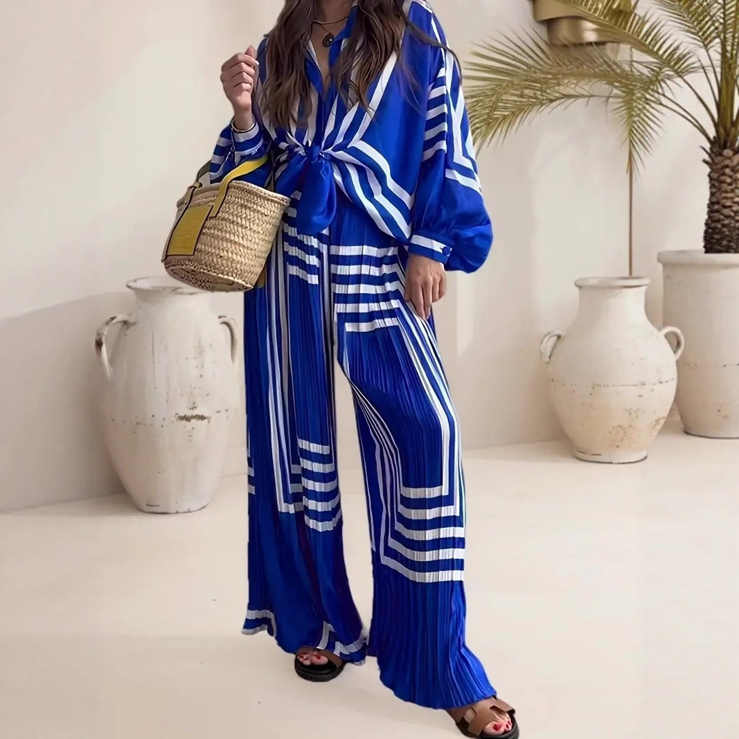 Striped Print Pleated Two-Piece Set Long Sleeve Shirt Wide Leg Pants
