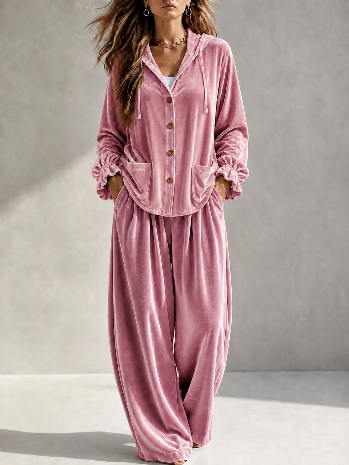 Velvet Open-Front Cardigan and Pants Two-Piece Set with Pockets