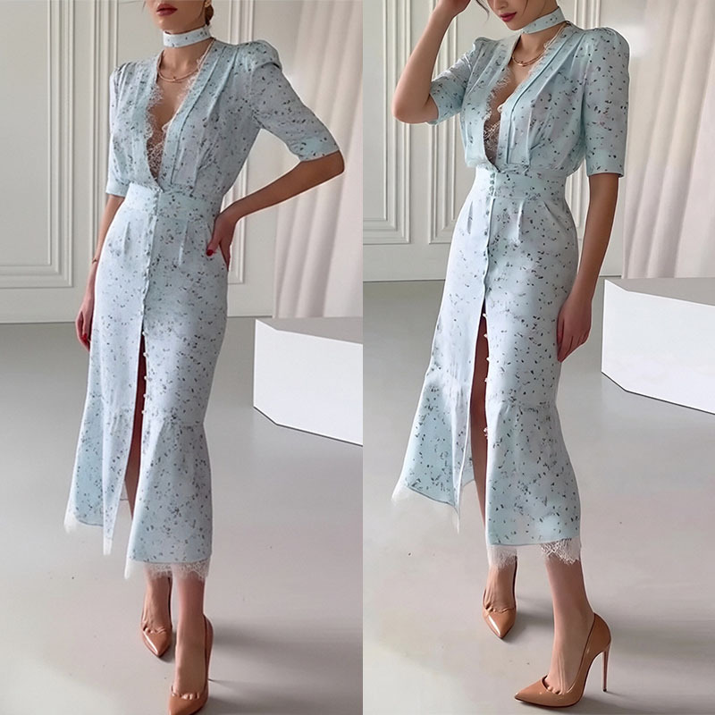 Women's V-Neck Floral Lace Panel Dress