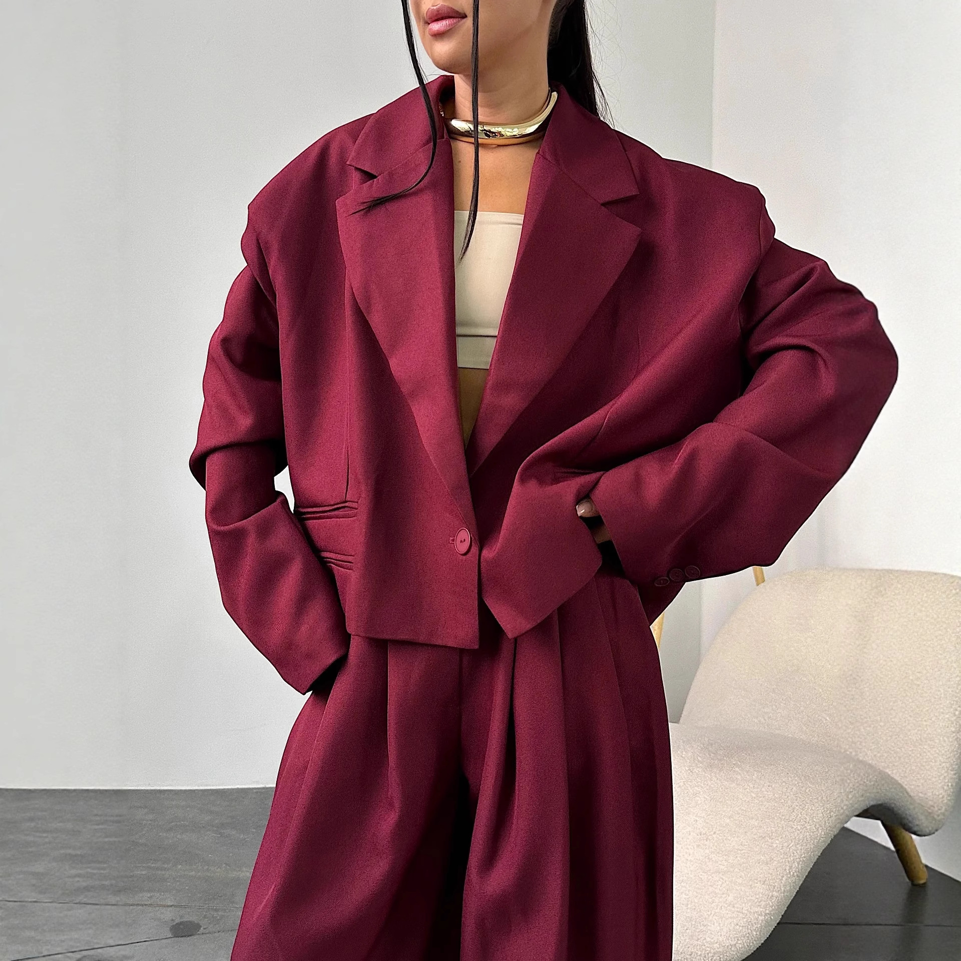 Women's Lapel Single-Breasted Loose Blazer & Wide-Leg Pants Two-Piece Set
