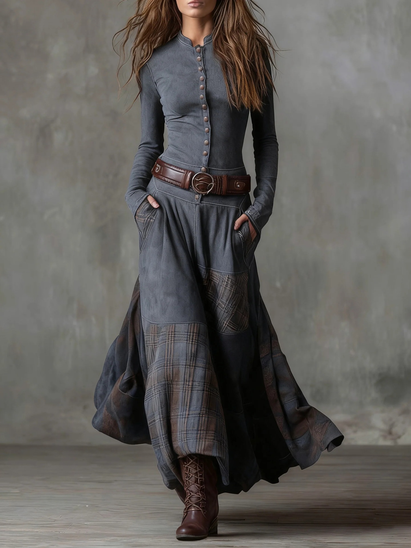 Retro Patchwork Wide-Leg High-Waist Long Sleeve Maxi Dress