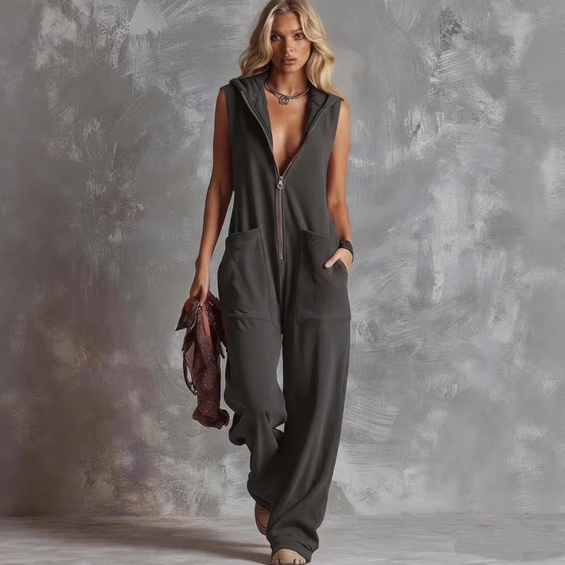 Women's Vintage Hooded V-Neck Zip Jumpsuit