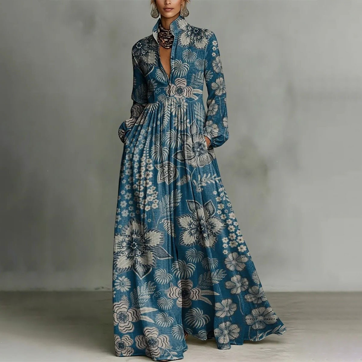 French Style Printed Long Dress with Collar, Loose Casual Vacation Dress