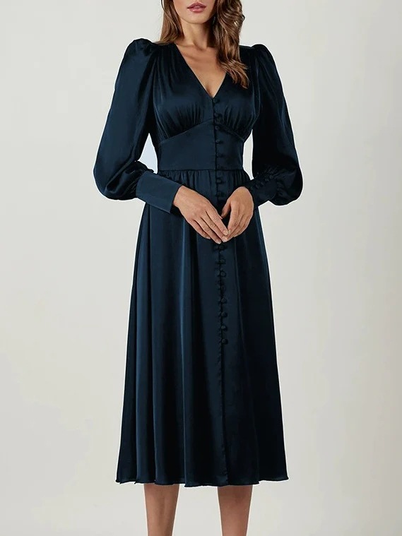 Satin Lantern-Sleeve High-Waist Slimming Long Dress