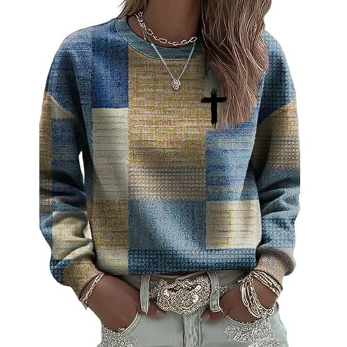 Women's Plaid Cross Floral Book Print Crewneck Sweatshirt