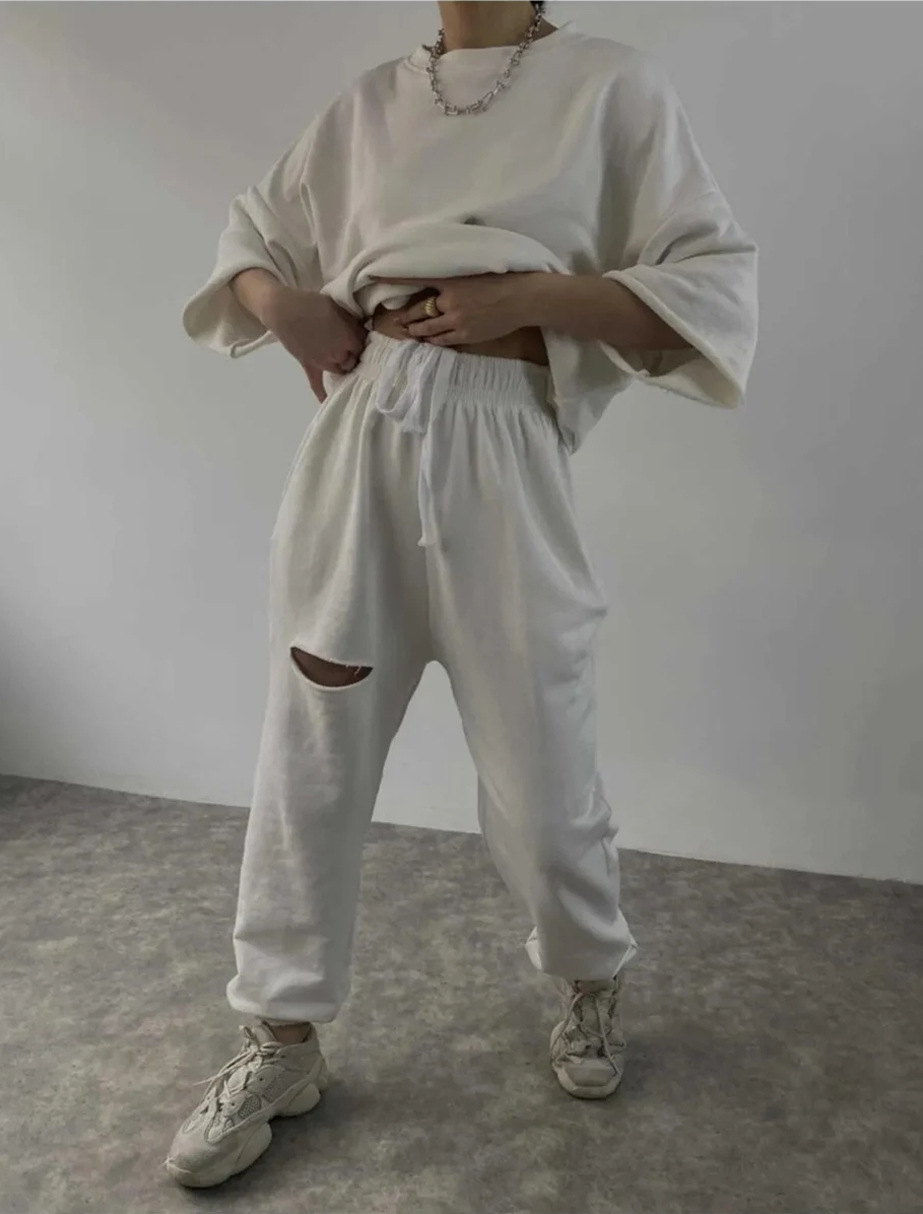 Women's Long Sleeve Crewneck Solid Top & Distressed Tie Pants Two-Piece Set