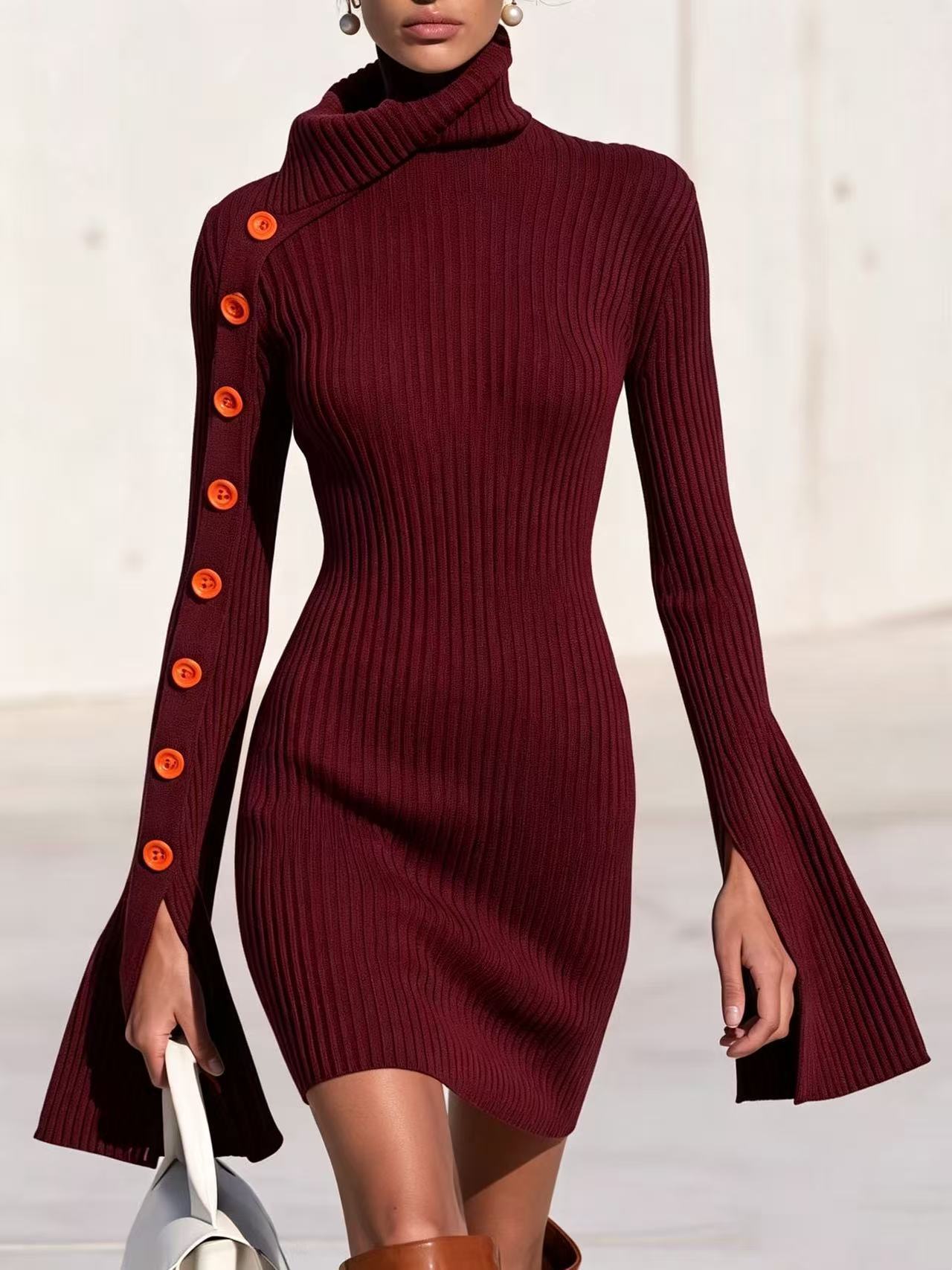 Slim-Fit Ribbed Button-Accent A-Line Dress