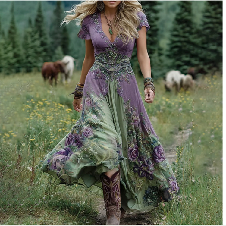Plus Size Loose Fit A-Line Dress with Creative Totem Print, Deep V-Neck Short Sleeve