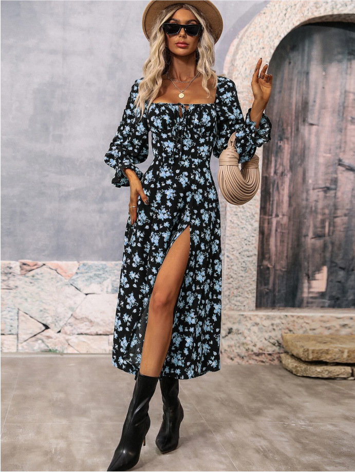 Bohemian Floral Print Long Sleeve Open Back Maxi Dress