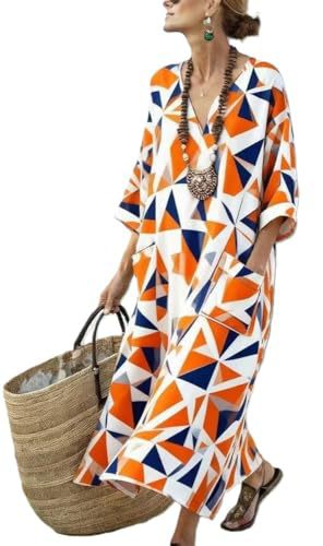 Women's Boho V-Neck A-Line Midi Dress with 3D Print
