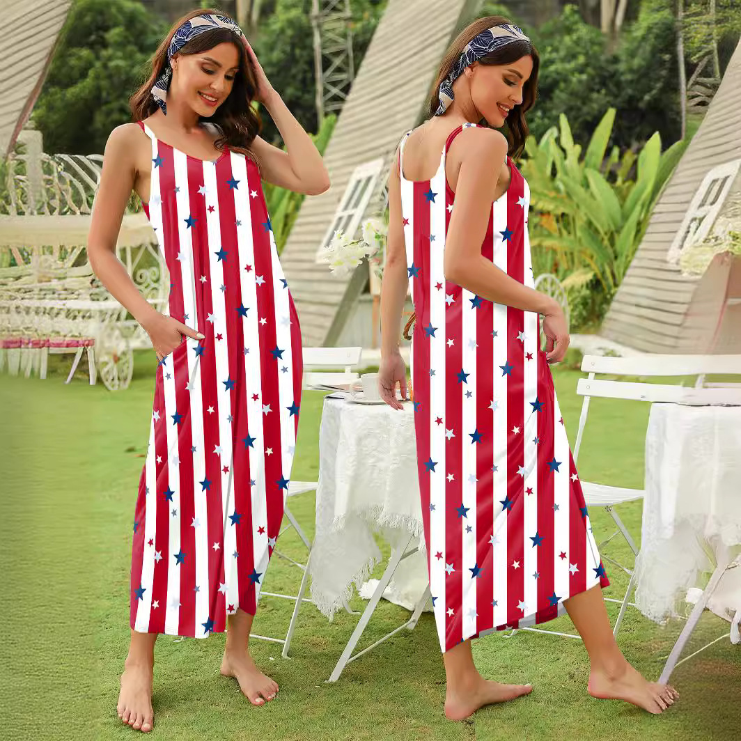 Flag Print Sleeveless A-Line Midi Dress with Pockets