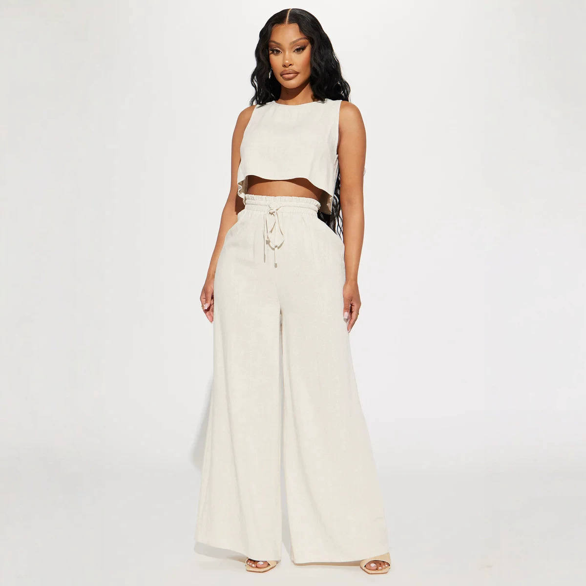 Women's Solid Sleeveless Top and High-Waist Pants Set