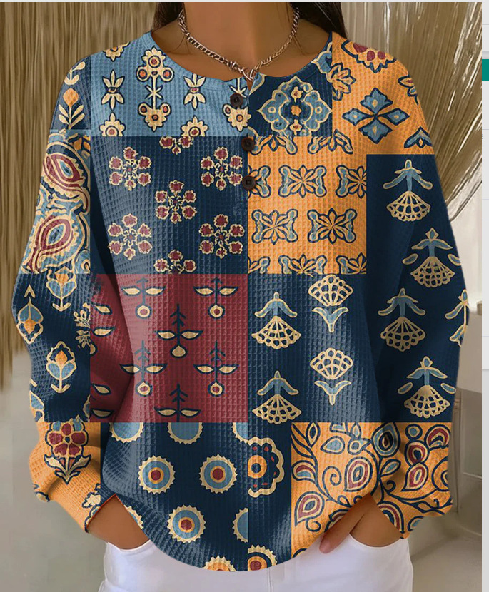 Women's Plaid Tree Floral Polka Dot Print Button Sweatshirt
