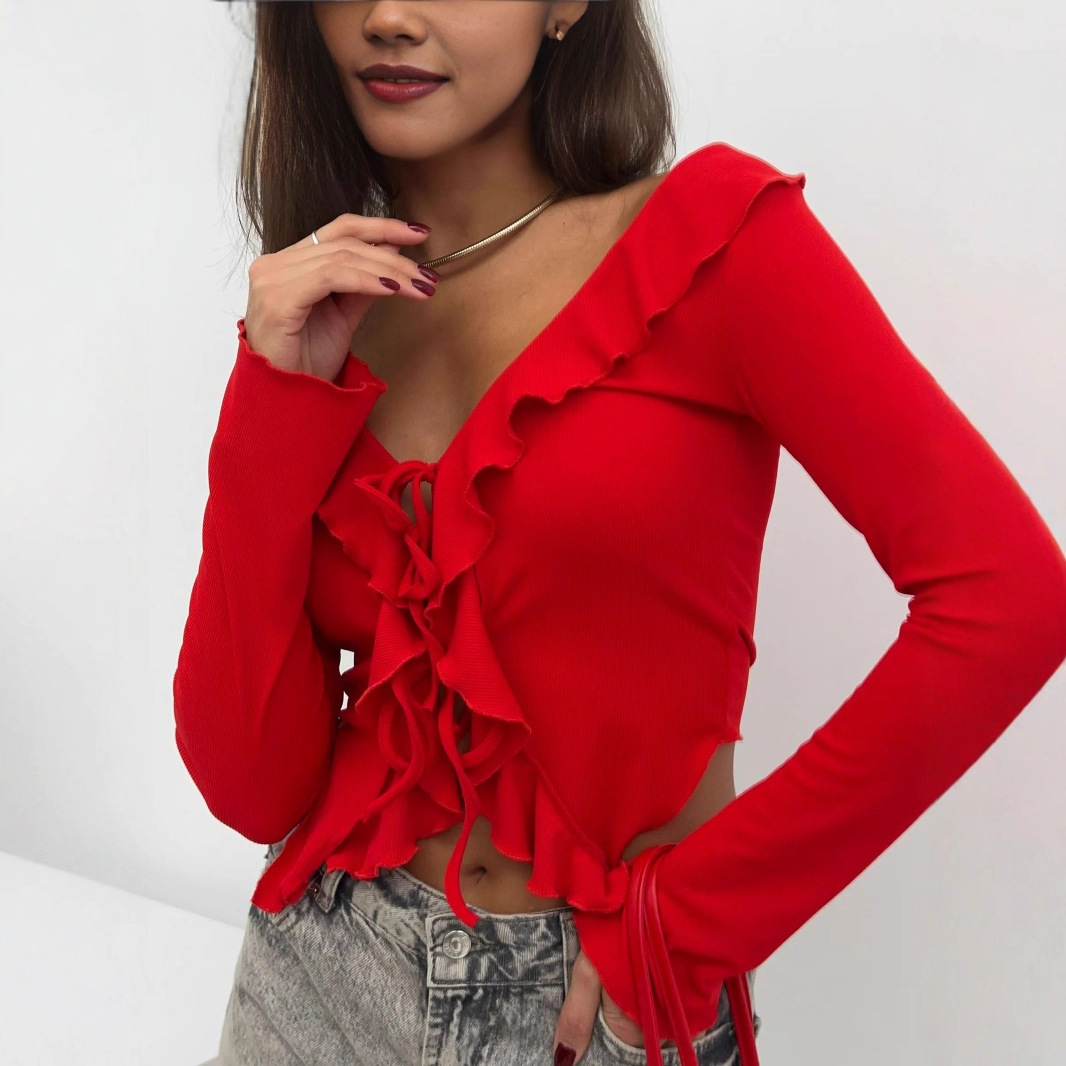 Ribbed Knit Deep V Ruffle Tie-Front Cardigan
