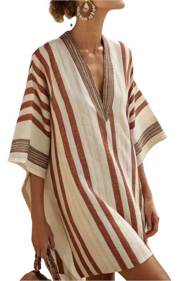 Women's Striped Floral Print Midi Dress Deep V-Neck Sleeveless Slim Fit