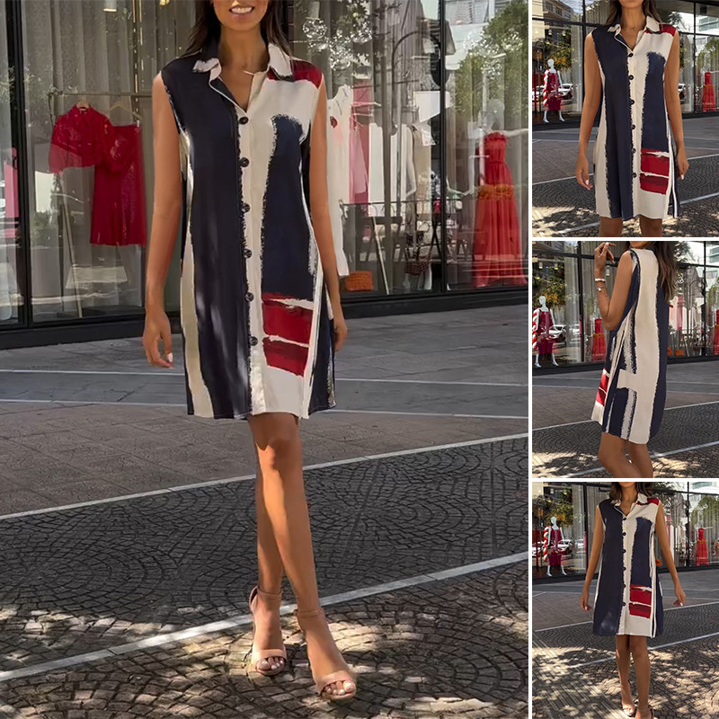 Printed Sleeveless Button-Front Midi Dress