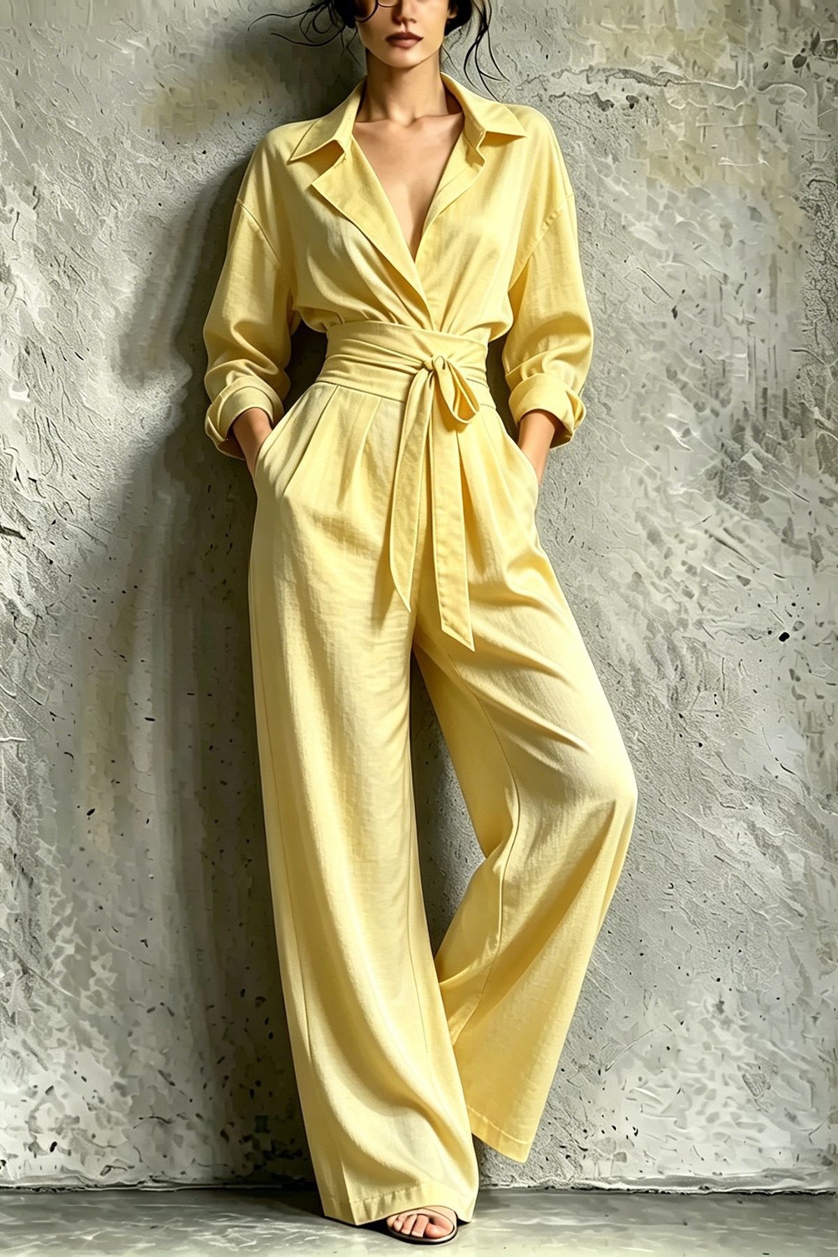 Women's Solid V-Neck Long Sleeve Wide Leg Jumpsuit