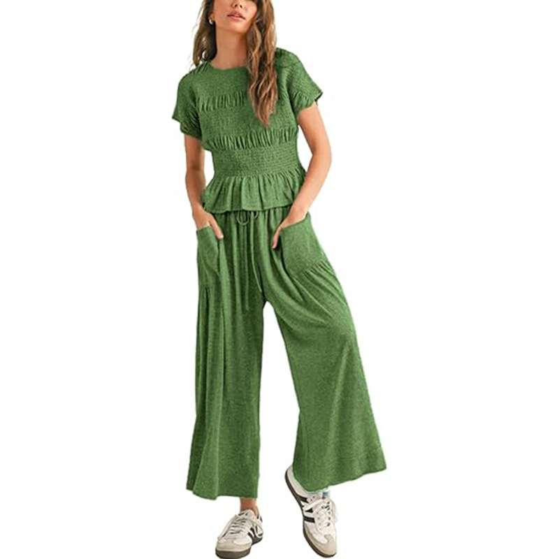 Women's Solid Color Smocked High Waist Wide Leg Pants Short Sleeve Casual Two-Piece Set
