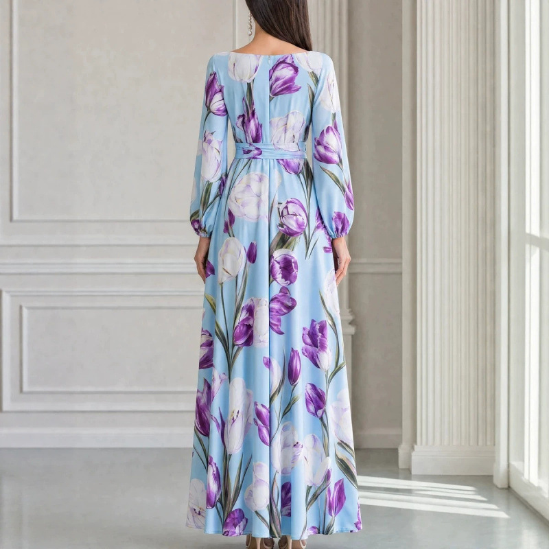 Elegant Floral Print Long Sleeve Bodycon Maxi Dress