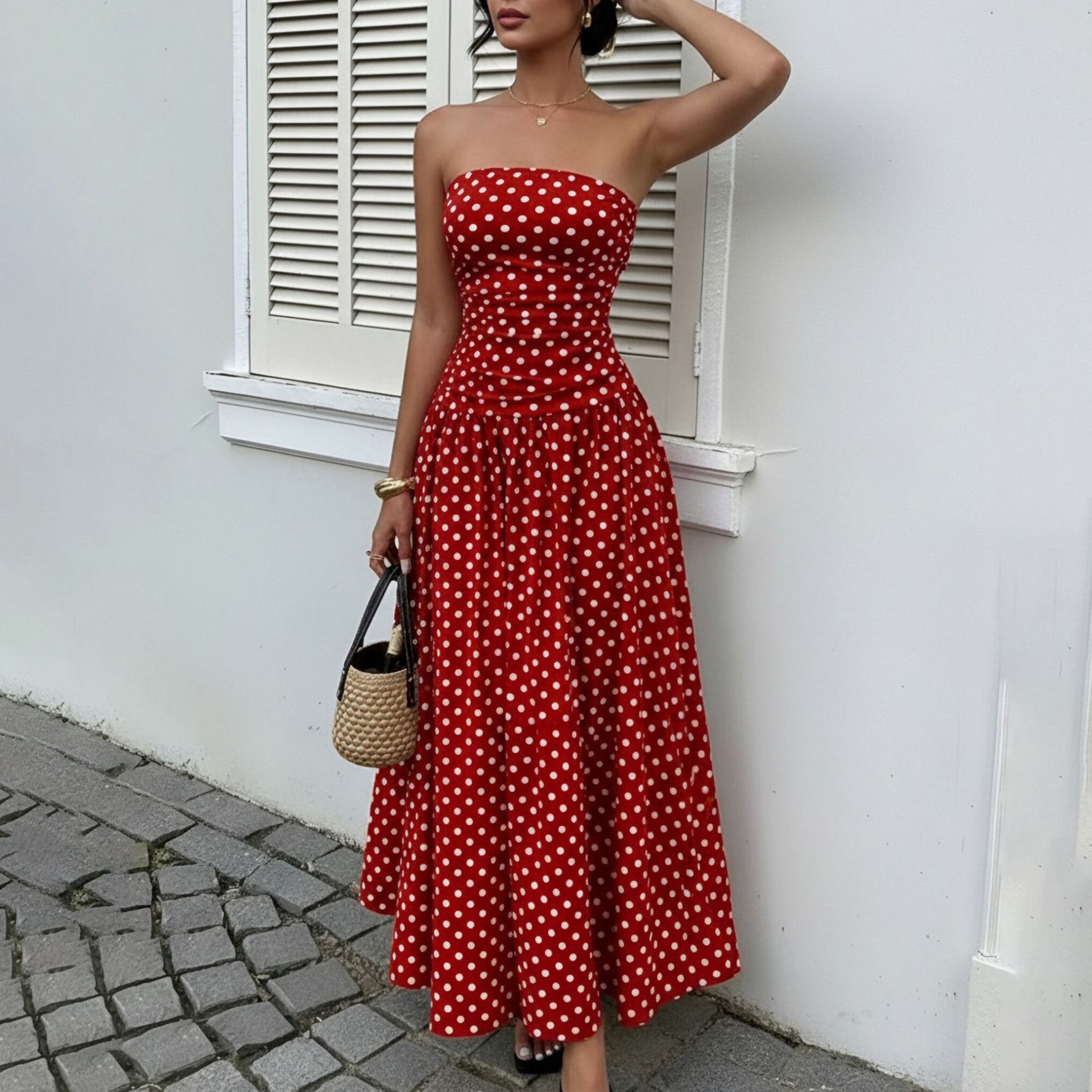 Women's Strapless Polka Dot French Vintage Bodycon Midi Dress