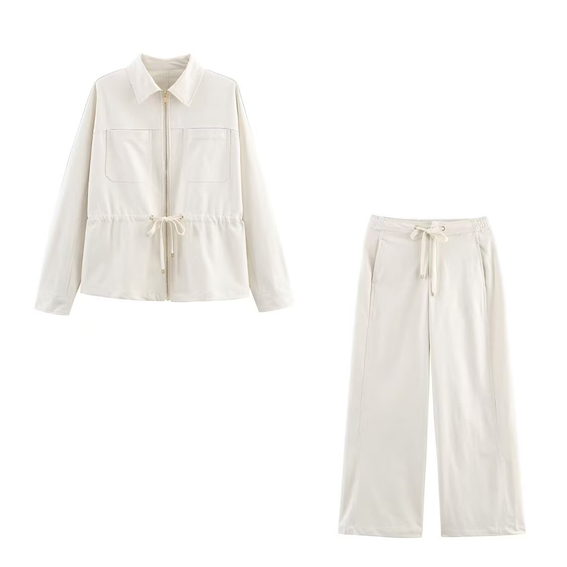 Women's Collared Adjustable Waist Pocket Jacket & Wide-Leg Pants Set