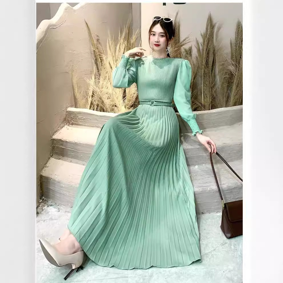 Pleated Long Sleeve Midi Dress