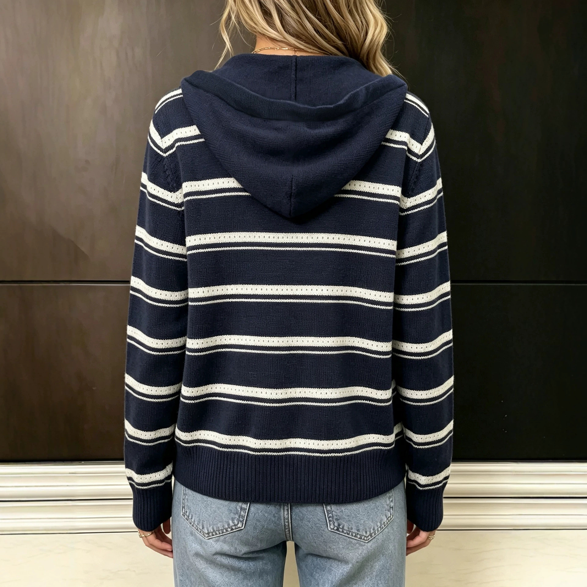 Women's Striped Hooded Knit Cardigan Loose Casual Warm