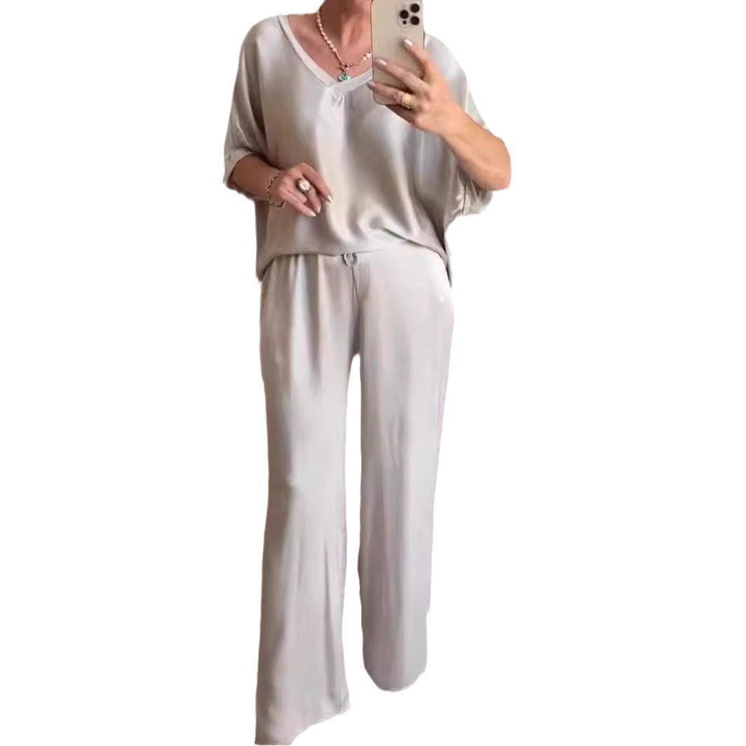 Women's Solid Silk-Finish V-Neck Casual Two-Piece Pants Set