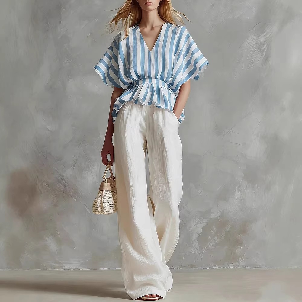 Red and White Striped Top with White Wide-Leg Pants Two-Piece Set
