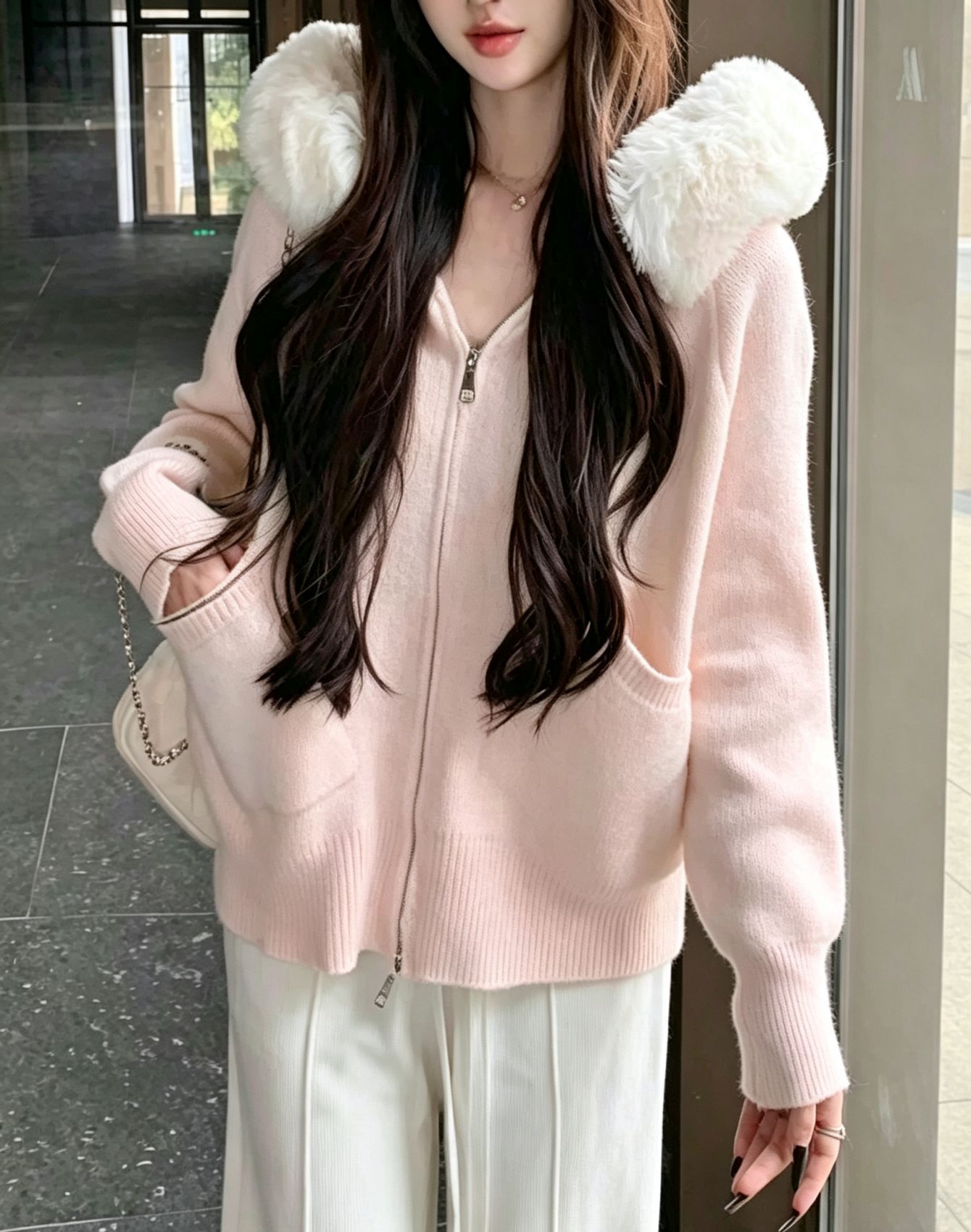 Women's Faux Fur Trim Hooded Zip Knit Cardigan Solid Color Loose Sweater with Pockets