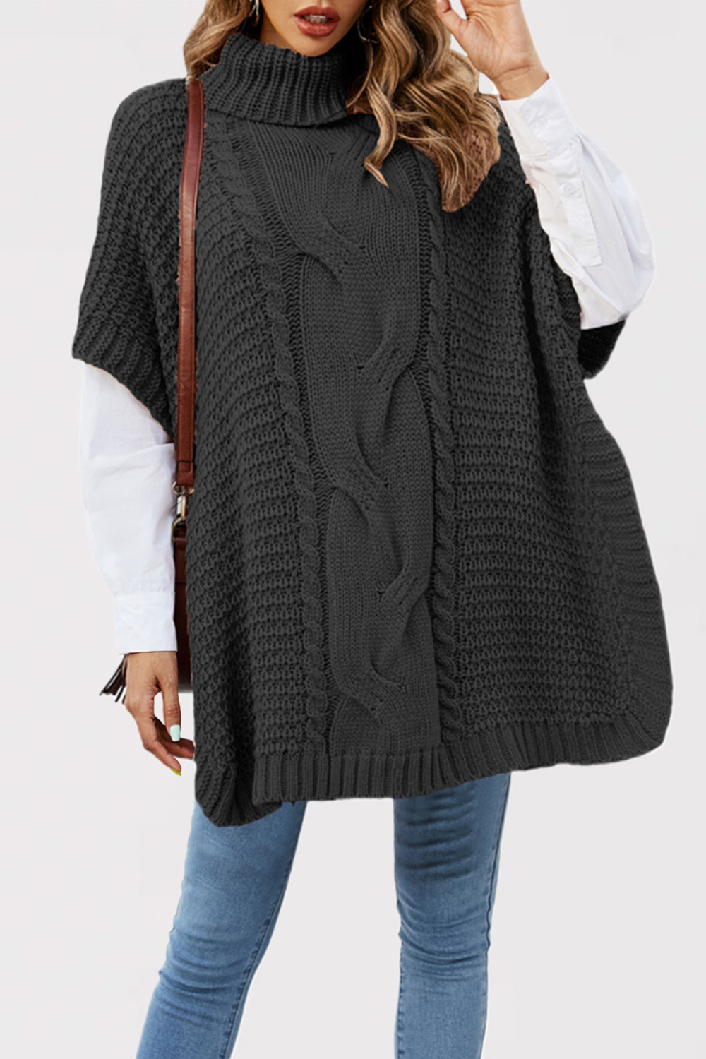 Cable-Knit Turtleneck Poncho Sweater Women's Loose Short-Sleeve Pullover