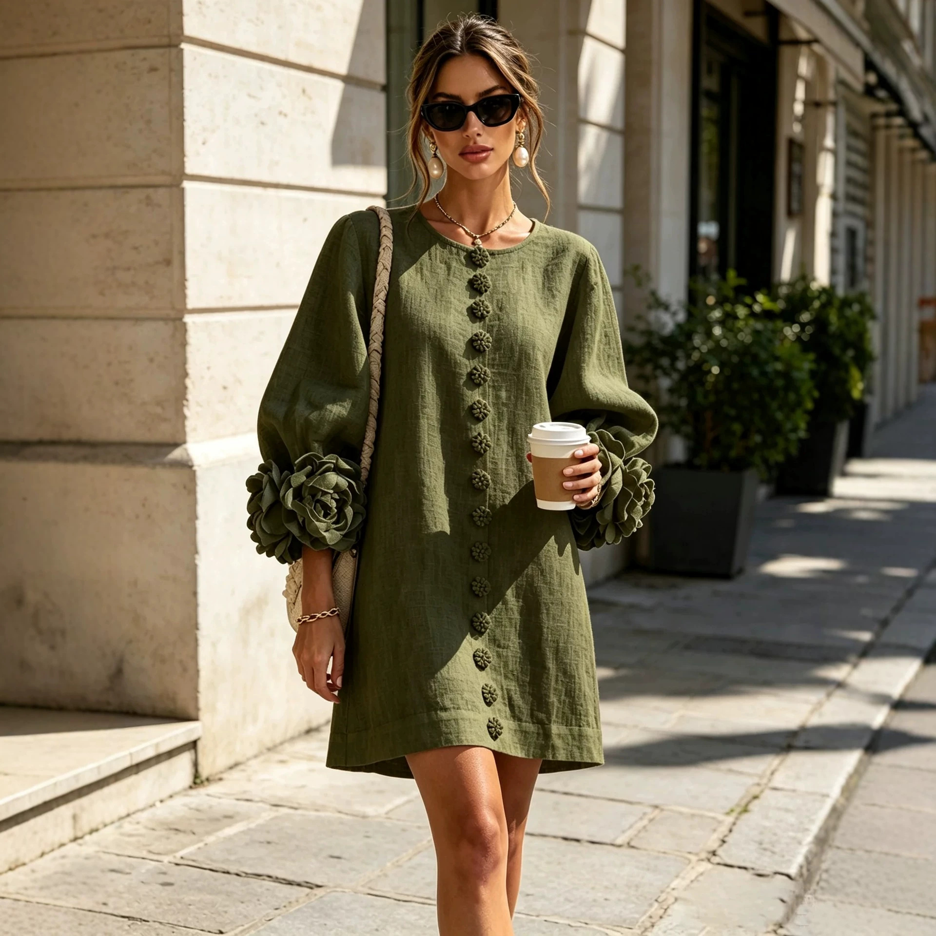 French 3D Floral Lantern Sleeve Cotton-Linen Dress Round Neck Button Front Loose Short