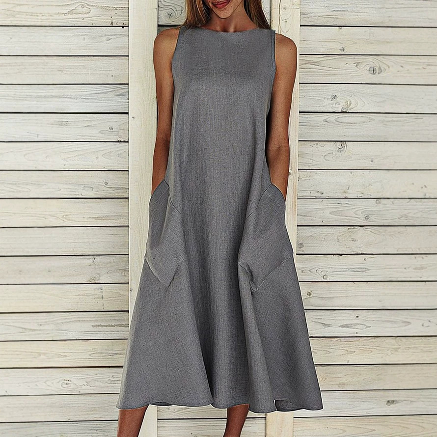 Solid Crewneck Short Sleeve Dress with Patch Pockets