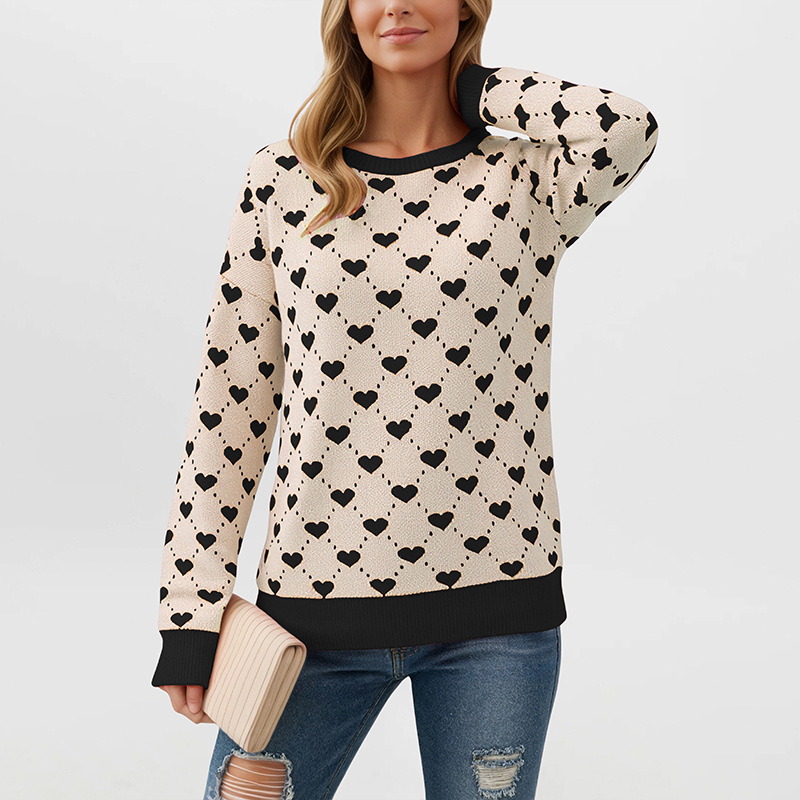 Women's Loose Oversized Heart Colorblock Crewneck Pullover Sweater