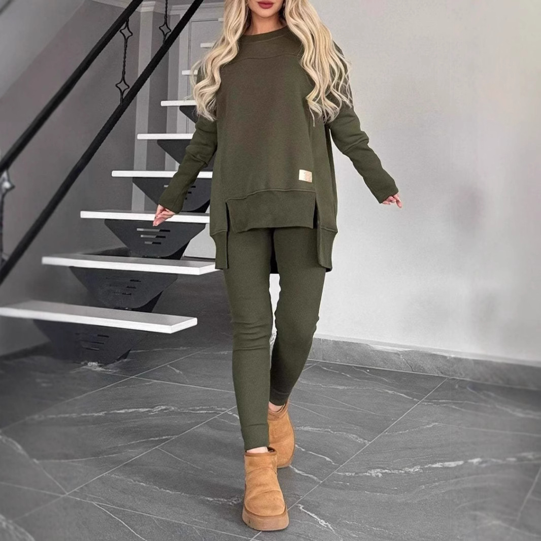 Women's Casual Solid Color Long Sleeve Round Neck Slit Top Set