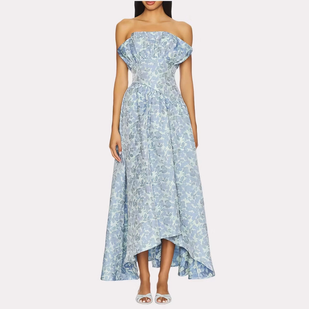 French Floral Strapless High-Low Maxi Dress with Off-Shoulder and Waist-Cinching