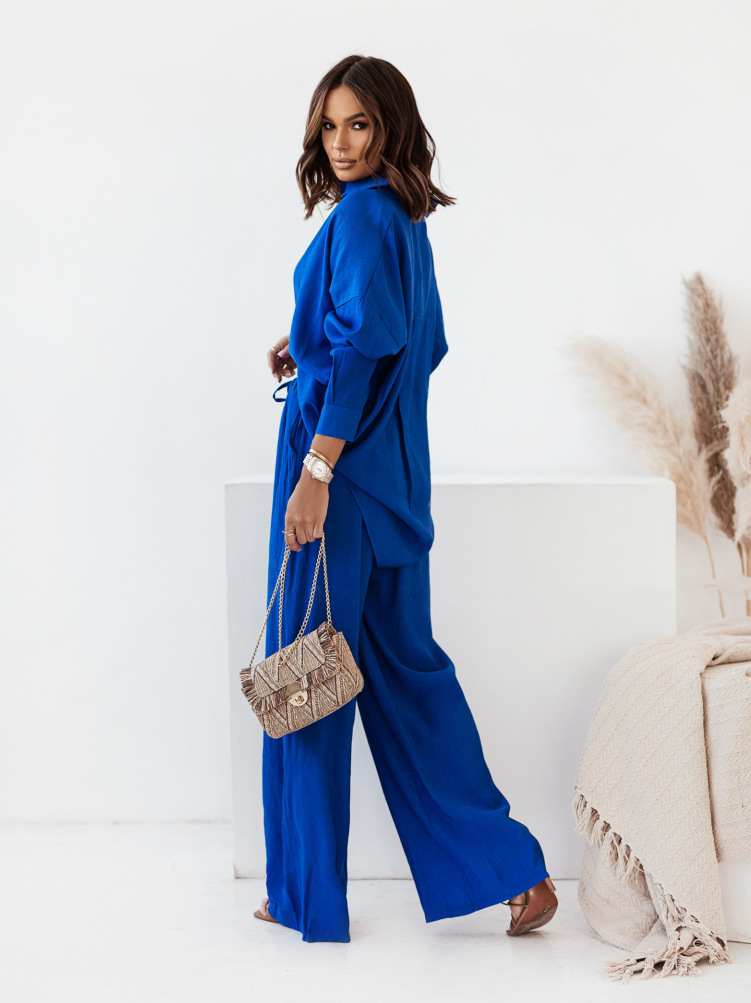 Women's Relaxed Fit Wrinkle Textured Long Sleeve Shirt and Wide Leg Pants Casual Set