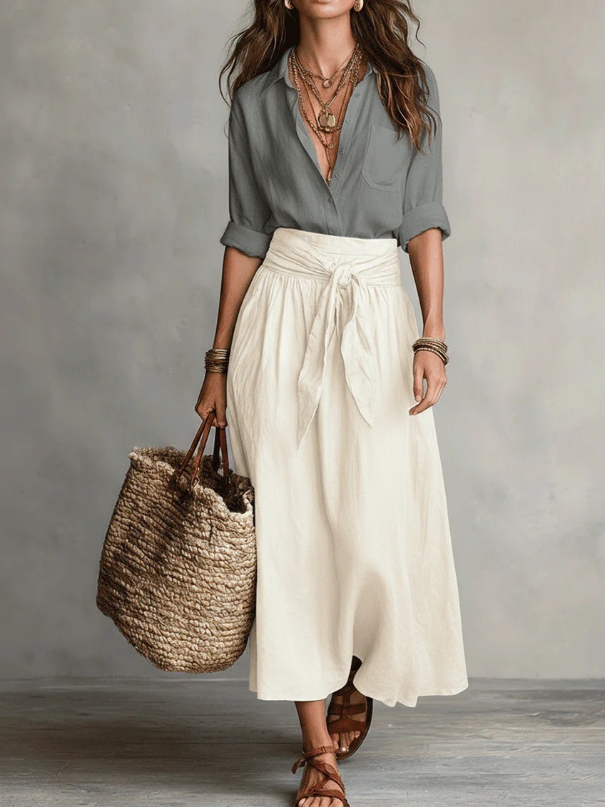 Women's Collared Shirt and Tie-Waist Midi Skirt Set
