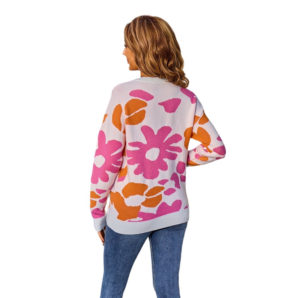 Women's Floral Print Crewneck Pullover Knit Sweater