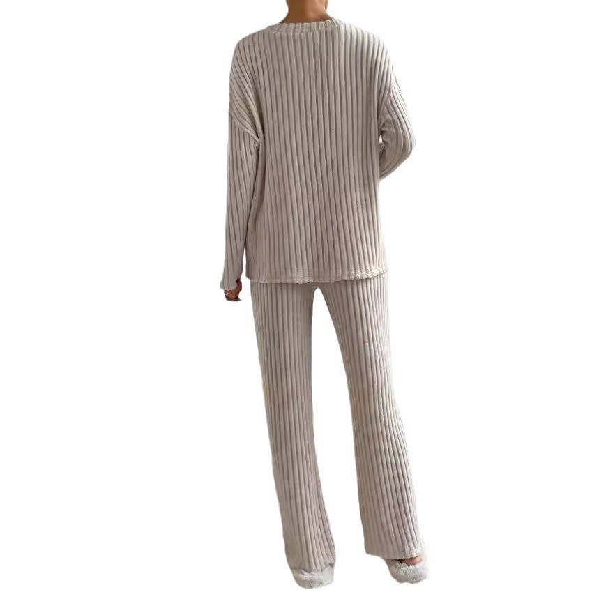Plus Size Two-Piece Ribbed Loungewear Set with V-Neck Top and Straight-Leg Pants