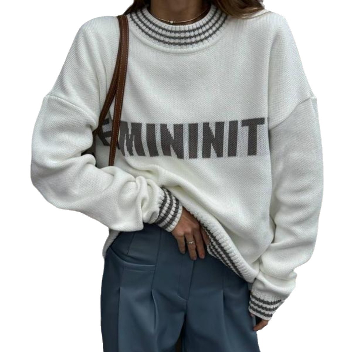 Women's Crewneck Pullover Knit Sweater Lantern Sleeve Loose Fit