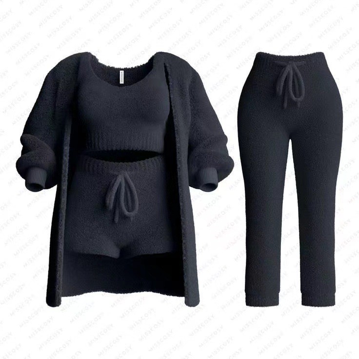 Knit Plush Long-Sleeve Cardigan, Vest & Shorts 4-Piece and 3-Piece Set