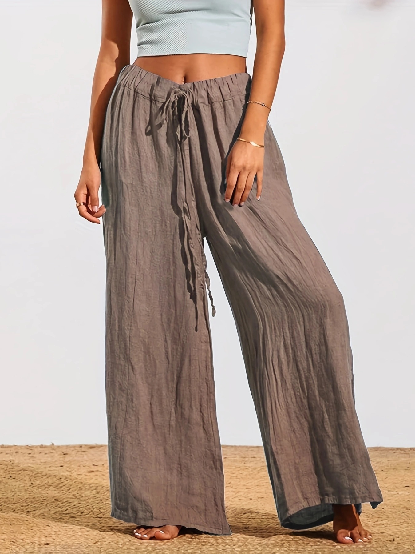 Women's Cotton Wide-Leg Drawstring Pants with Slit