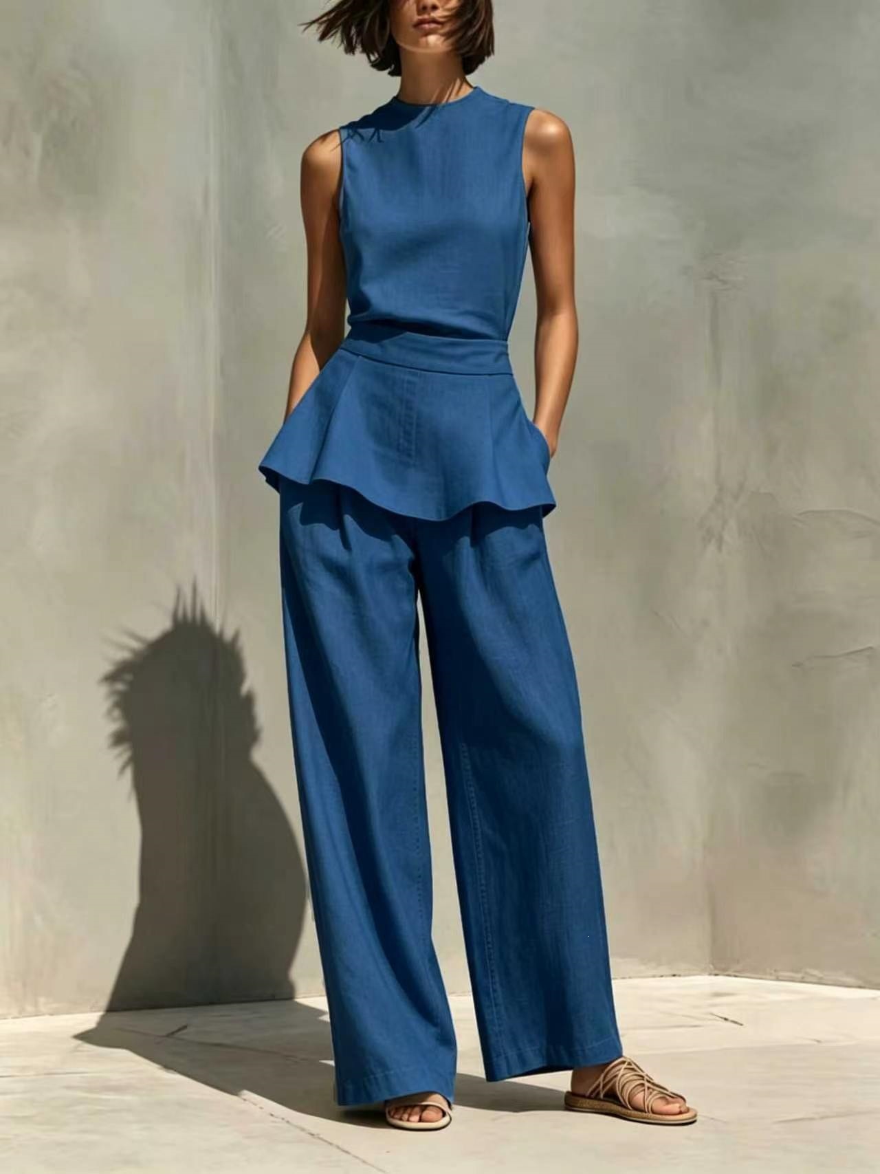 Women's Sleeveless Vest & Wide-Leg Pants Cotton-Linen Two-Piece Set